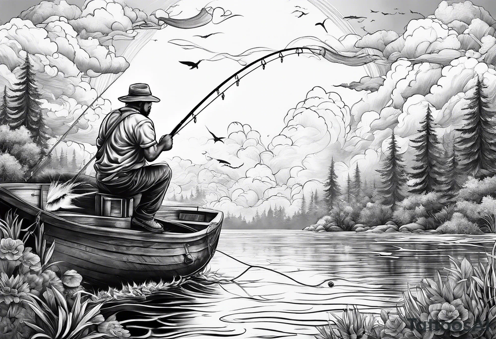 man fishing in heaven tattoo idea