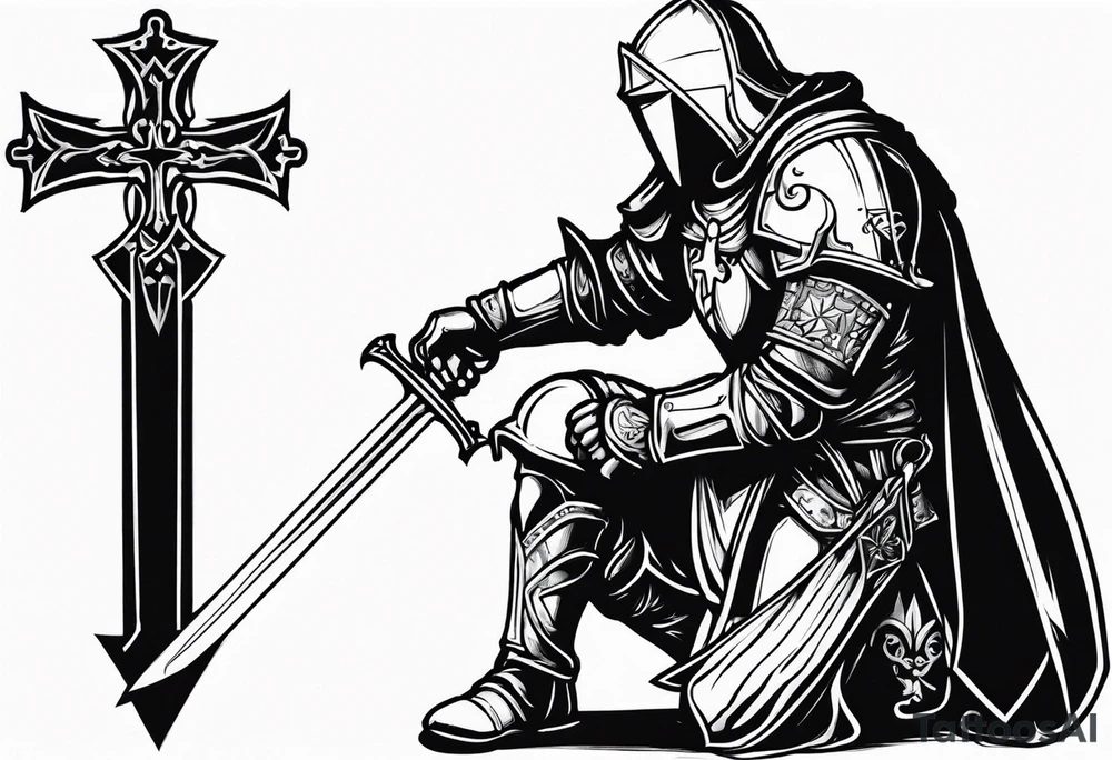 Crusader warriors with sword and cross, kneeling tattoo idea