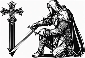 Crusader warriors with sword and cross, kneeling tattoo idea