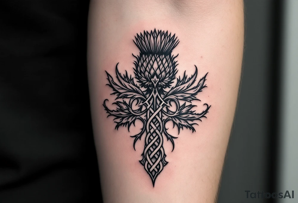 include the Scottish Gaelic translation of, "What is destined for you won't pass you by" and the Scottish thistle along with a Scottish Celtic cross. To be tattooed on the forearm tattoo idea