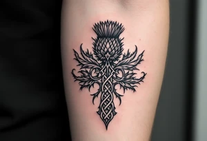 include the Scottish Gaelic translation of, "What is destined for you won't pass you by" and the Scottish thistle along with a Scottish Celtic cross. To be tattooed on the forearm tattoo idea