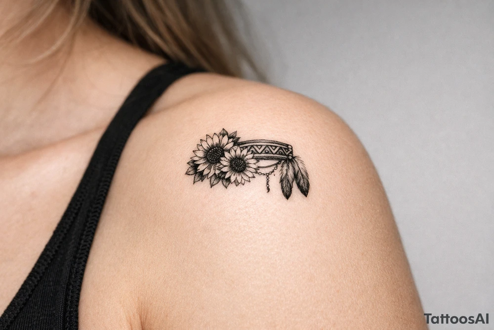 sunflowers with feathers and female Indian headband ribbon tattoo idea