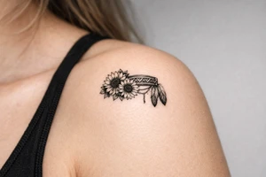 sunflowers with feathers and female Indian headband ribbon tattoo idea