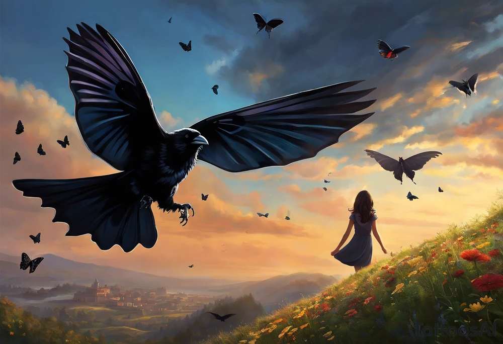 A butterfly flies towards the sky. Below the butterfly, a raven flies towards the sky. 
The butterfly and the raven are the same size
In the background is the name Malia.
In the background is the name SKF.
The number 89 can be seen in the background.
There is also a scorpion in the wing of the butterfly.
This tattoo is black and white and on the arm. tattoo idea