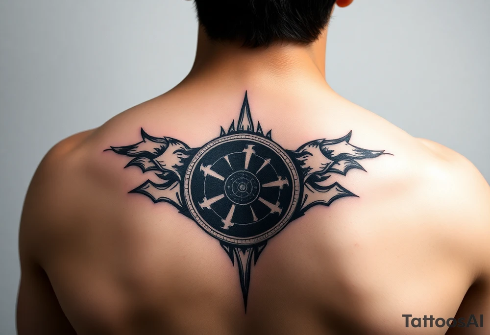 a back tattoo that looks like an exhaust vent tattoo idea