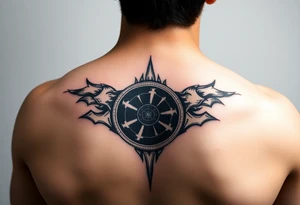 a back tattoo that looks like an exhaust vent tattoo idea