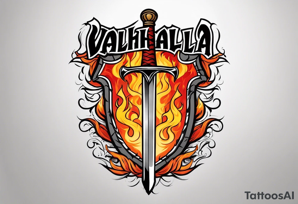 Valhalla on  fire shield sword tattoo idea