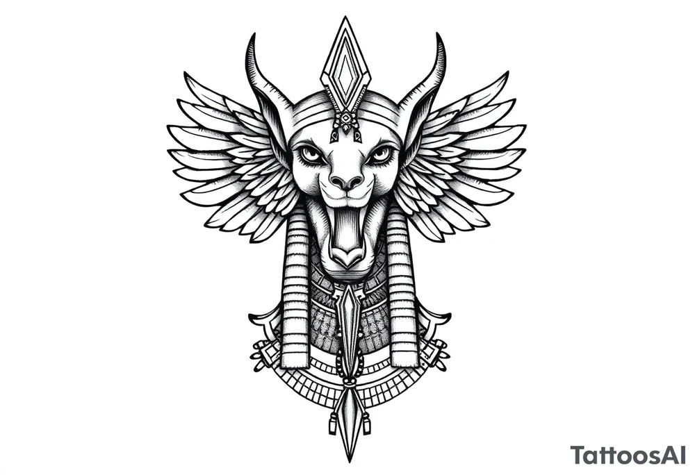 Tatuagem egípcia feminina detalhada, representando odeus Horus na sua forma animal, com adornos e simbolos tradicionais egípicios, a figura está em posição frontal, com detalhes hieroglíficos sutis ao redor, integrados harmonicamente. Fundo minimalista, inspirado em papiro antigo, com tons terrosos suaves. Estilo artístico com traços finos, sombra leve para destacar volume, ideal para a parte frontal da canela, transmitindo elegância e misticismo. tattoo idea