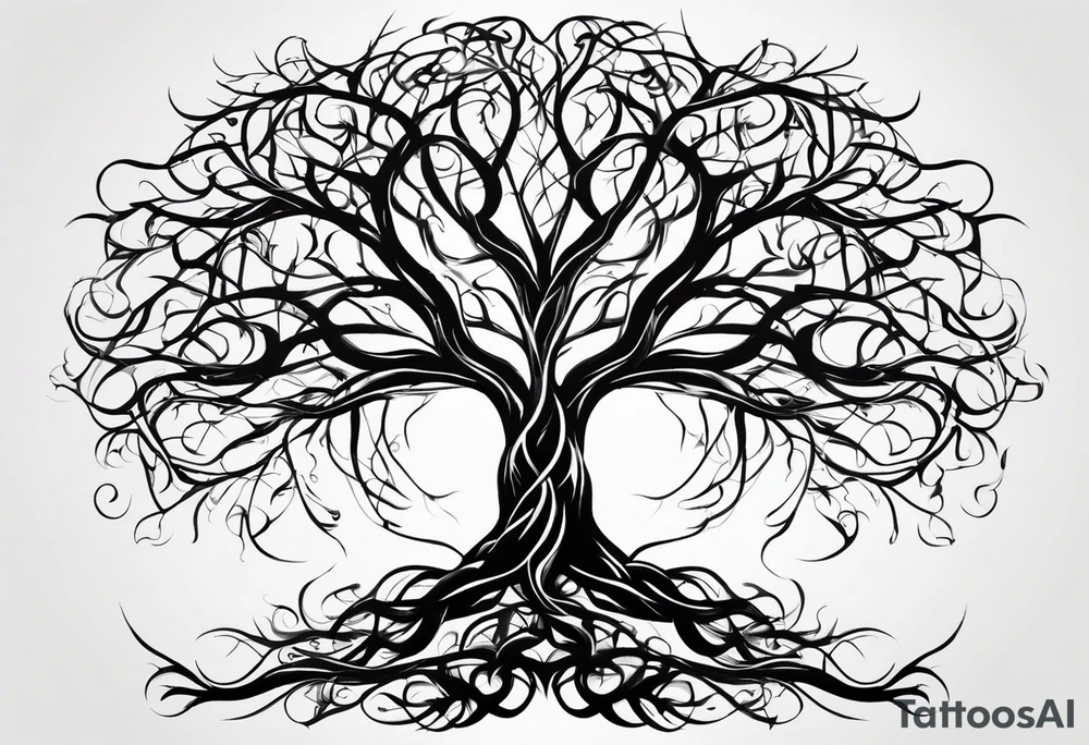 twisted leafless tree with long roots and branches stencil for chest and collar bone. symmetrical verticals tattoo idea