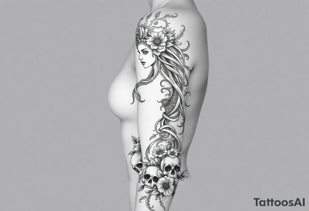 Ethereal Medusa standing. She is beautiful and feminine. She is a phoenix rising from fire and ash. Surrounded by flowers and skulls tattoo idea
