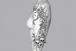 Ethereal Medusa standing. She is beautiful and feminine. She is a phoenix rising from fire and ash. Surrounded by flowers and skulls tattoo idea