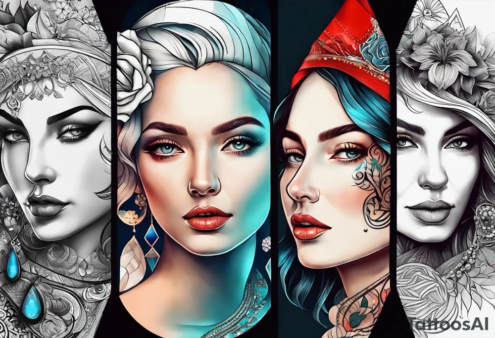 Three women's faces next to each other. The woman on the left a young woman18yo, the middle  is a mother40 yo the right is a grandmother 70yo tattoo idea