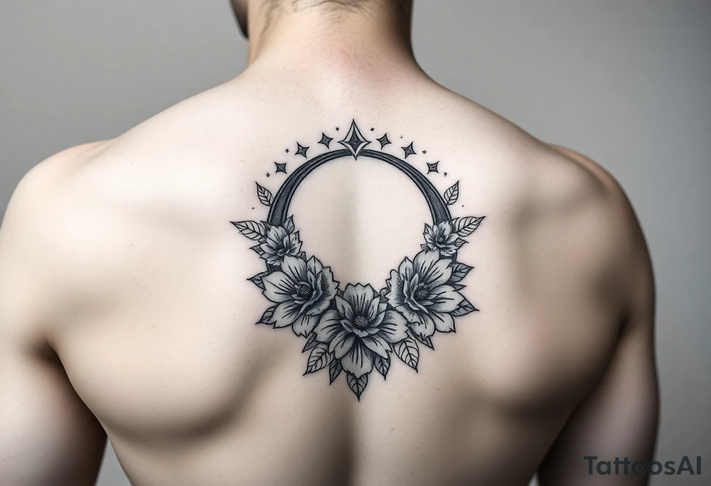 Flower sleeve surrounded by moon and star design for arm tattoo idea