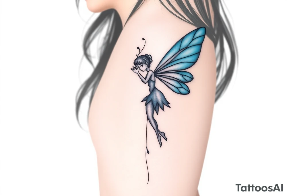 A minimalist fairy tattoo that represents a shattered and betrayed gemini woman who fought hard throughout this year. With colors blue and black. Make it unique and rare. Without leaves and stem. tattoo idea