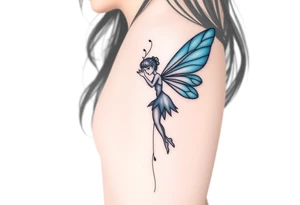 A minimalist fairy tattoo that represents a shattered and betrayed gemini woman who fought hard throughout this year. With colors blue and black. Make it unique and rare. Without leaves and stem. tattoo idea