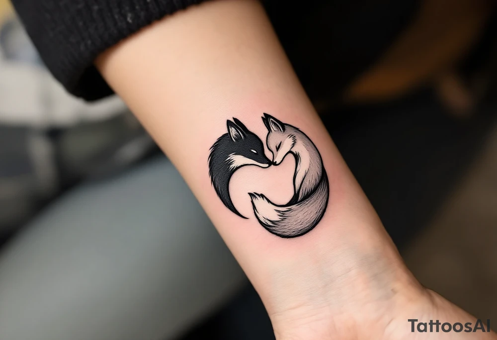 A black and white yin-yang formed by curled foxes on each partners shoulder. tattoo idea
