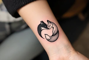 A black and white yin-yang formed by curled foxes on each partners shoulder. tattoo idea