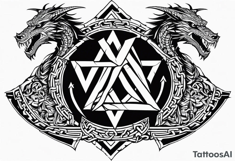 Valhalla sword shield dragon axe Valknut barbed wire chains tribal tattoo idea