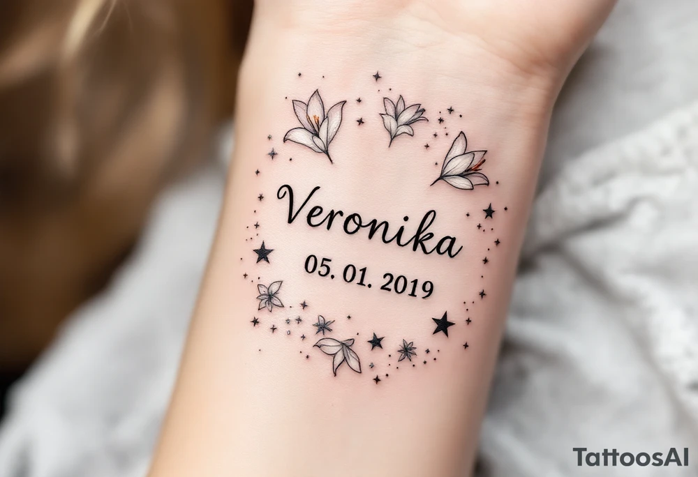 Veronika 05. 01. 2019) – Soft white lilies framing Veronika’s birthdate, accented by silver twinkling stars and gentle, sparkling details. tattoo idea