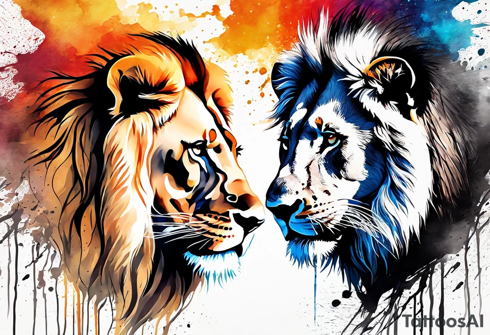 Water Colour splash back. Male and Female. Lions. Power and love. One protecting the other tattoo idea