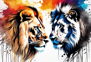 Water Colour splash back. Male and Female. Lions. Power and love. One protecting the other tattoo idea