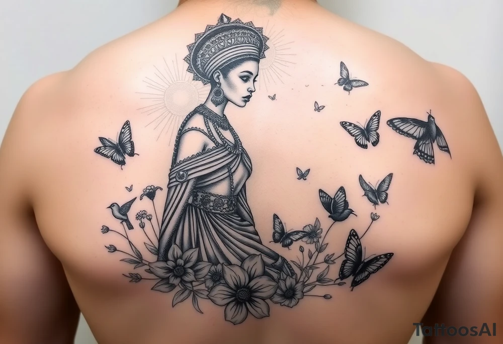 Nubian Queen in a garden with birds and butterflies tattoo idea