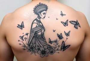 Nubian Queen in a garden with birds and butterflies tattoo idea