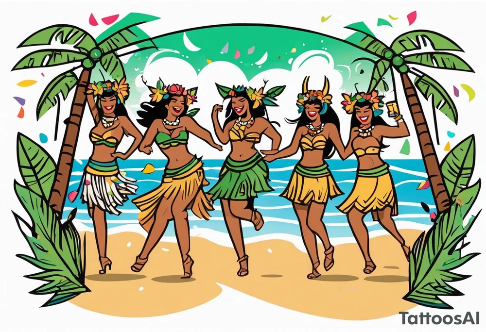 hulu tiki party with dancing tiki guys and sexy tiki girls on a beach with music notes and confetti around a blank space in the middle tattoo idea