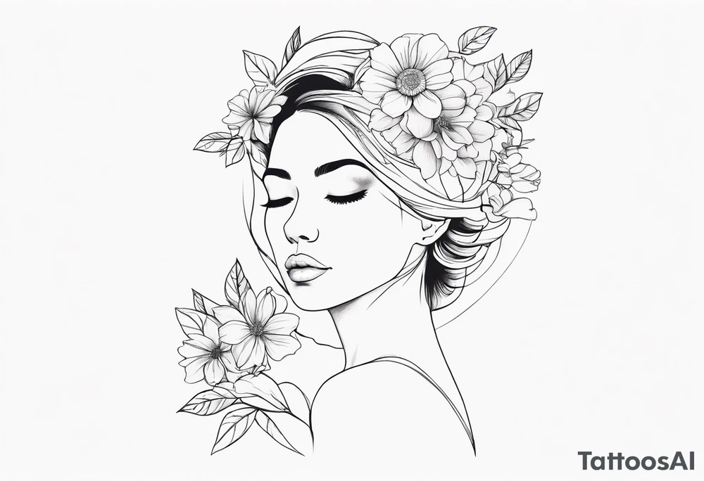 fine line tattoo with woman facing forward flowers covering her eyes and forehead with flowers growing out of her head tattoo idea