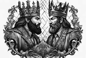 Illustrate a powerful scene where the angelic king checkmates the demonic king, symbolizing the triumph of good over evil in the strategic game of life. tattoo idea