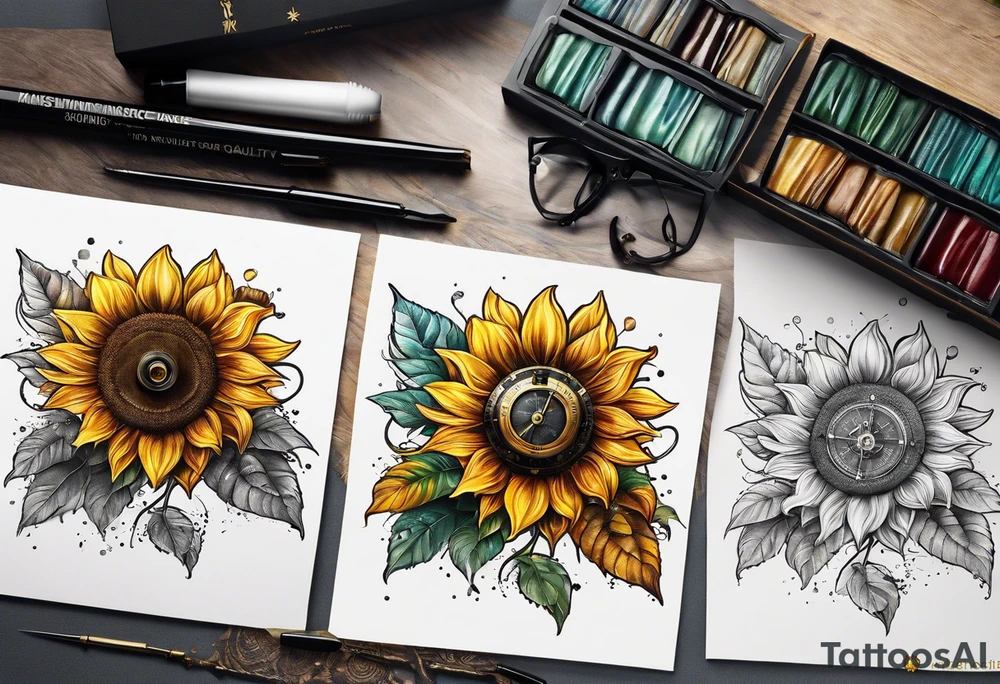 Sunflower next to a compass tattoo idea