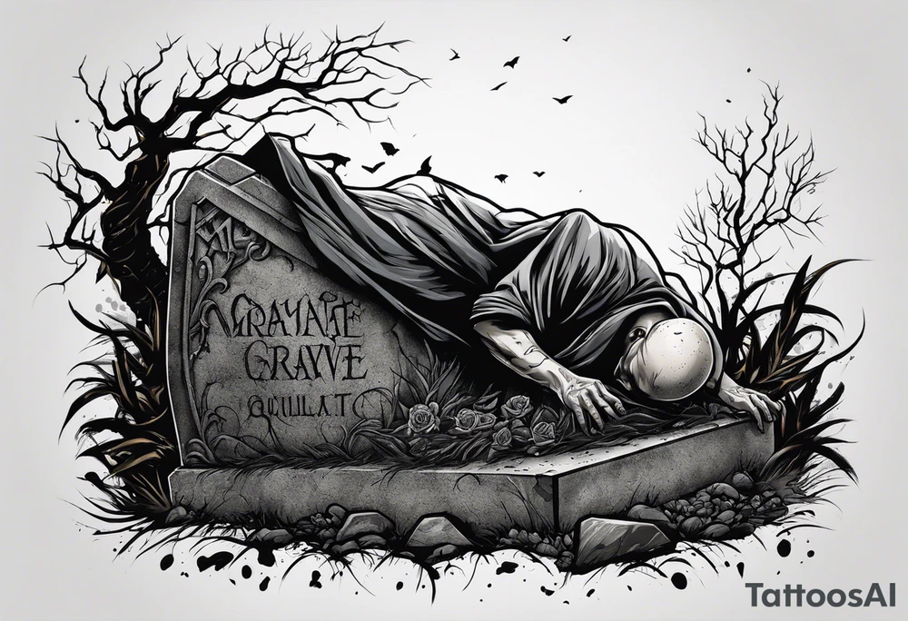 Man crawling out of grave. 
MIW Reincarnate written on gravestone tattoo idea