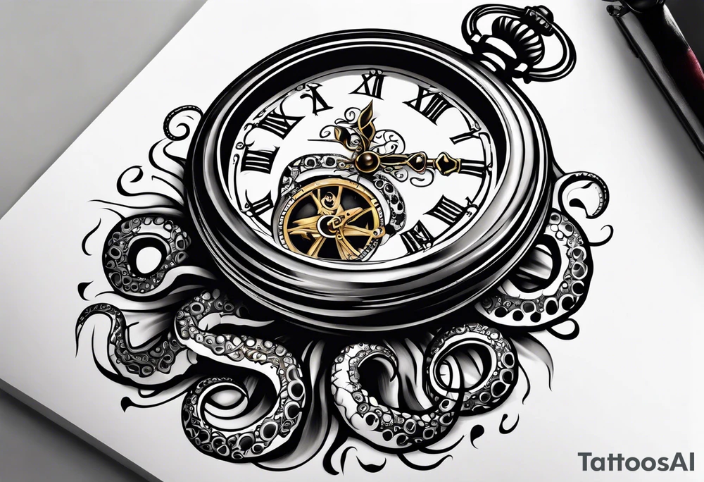 pocket watch being wrapped by an octopuse tattoo idea