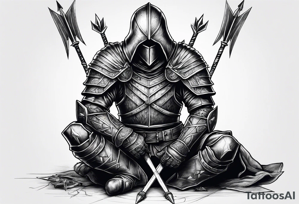 Dead knight on his knees with five arrows in his back tattoo idea