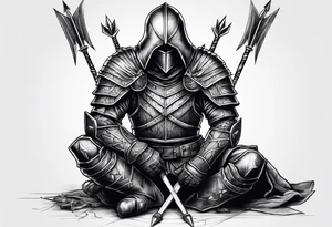 Dead knight on his knees with five arrows in his back tattoo idea