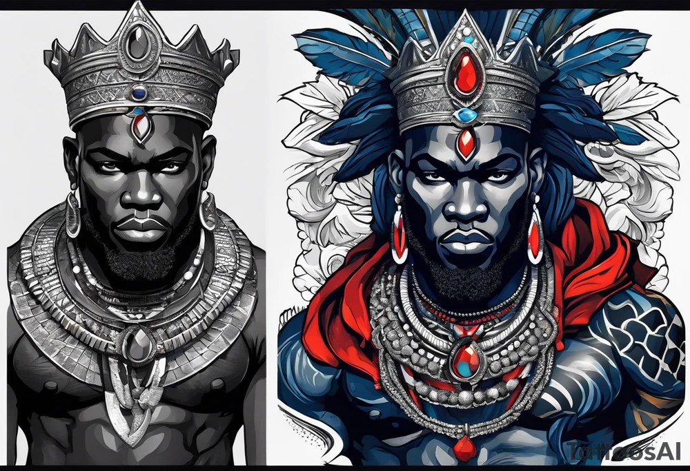 An african god, a warrior, that uses a sword and a silver crown. He also uses blue and red necklaces tattoo idea