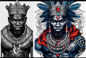 An african god, a warrior, that uses a sword and a silver crown. He also uses blue and red necklaces tattoo idea