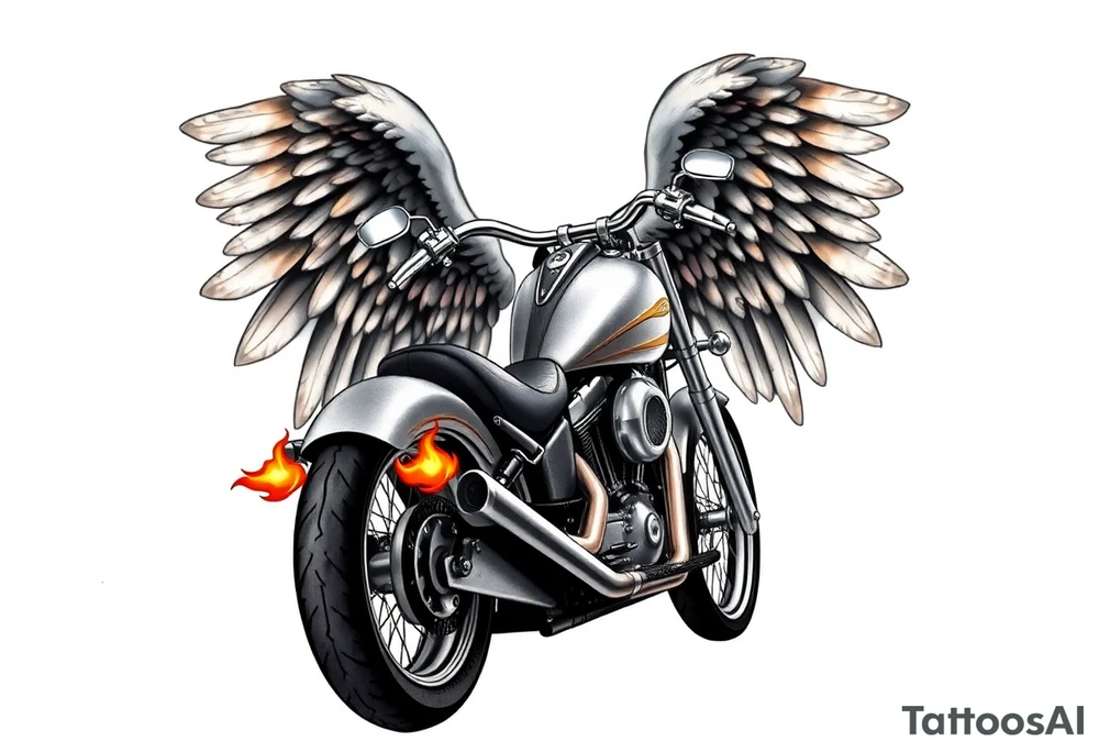Low rider grey motorcycle, big muffler pipes with flames, angel wings, driving away, no person tattoo idea