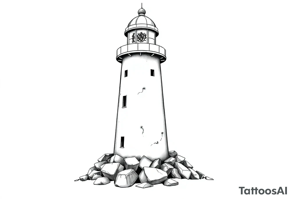 a whole lighthouse with a coat of arms incorporated into the roof without stones on the ground tattoo idea