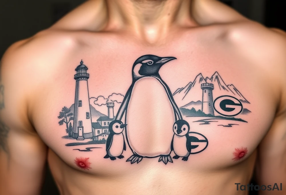 compilation outlining important things in my life such as emperor penguin, celtic trinity knot, lighthouse, mountains/nature, the green bay packers, and something to represent my 3 boys perhaps one adult emperor penguin with 3 baby penguins or something else to represent the 3 kids tattoo idea