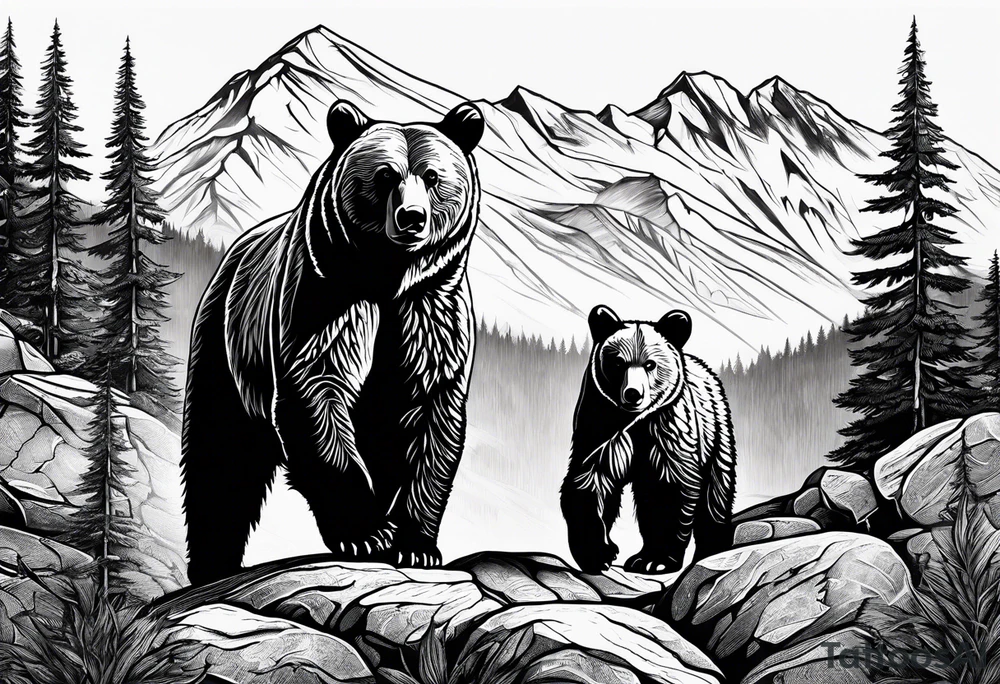 mamma bear and cub with mountains tattoo idea