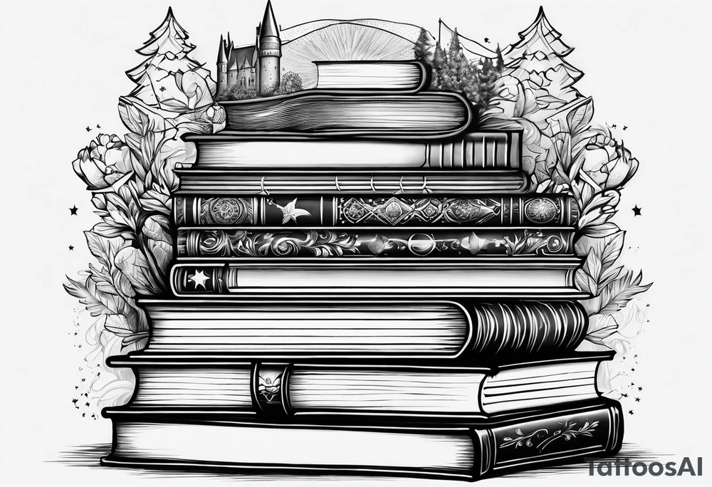A stack of books surrounded with elements from Harry Potter, hunger games, the hobbit, pride and prejudice, twilight, and lord of the rings tattoo idea