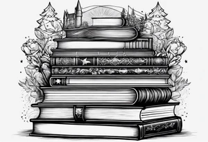 A stack of books surrounded with elements from Harry Potter, hunger games, the hobbit, pride and prejudice, twilight, and lord of the rings tattoo idea