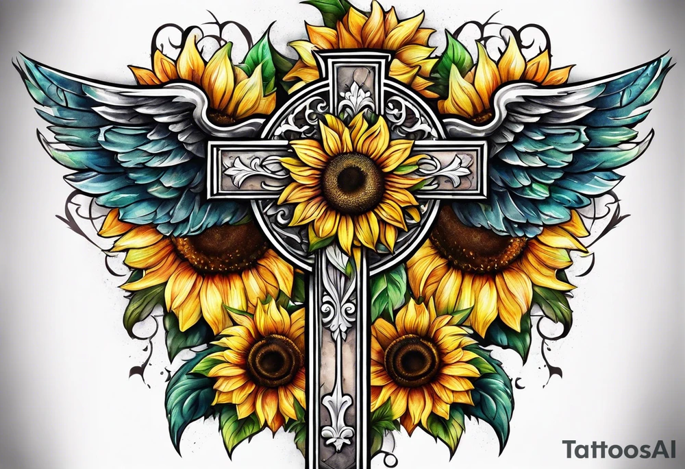 Winged cross with sunflower arm sleeve tattoo idea