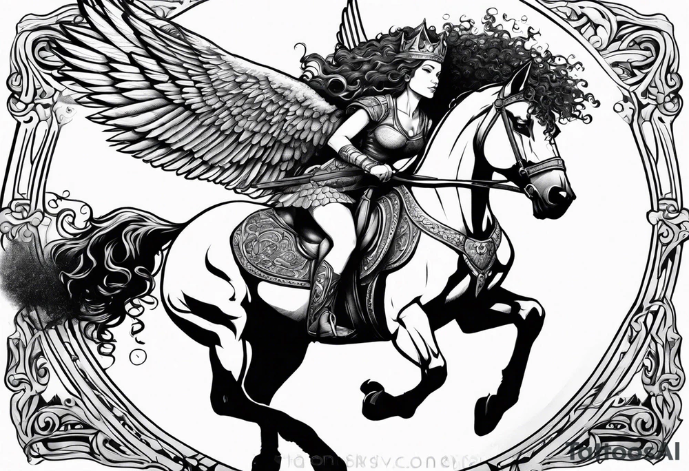 valkyrie curly hair princess riding pegasus half sleeve arm tattoo idea