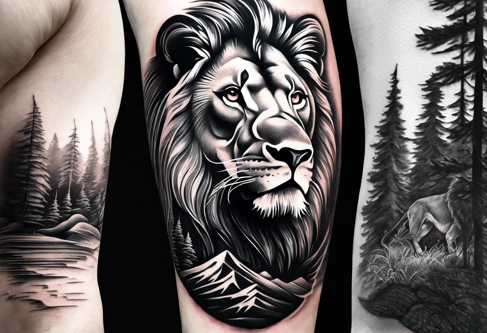 black and gray forearm sleeve tattoo where a lion is entering a forest and turning his head back tattoo idea