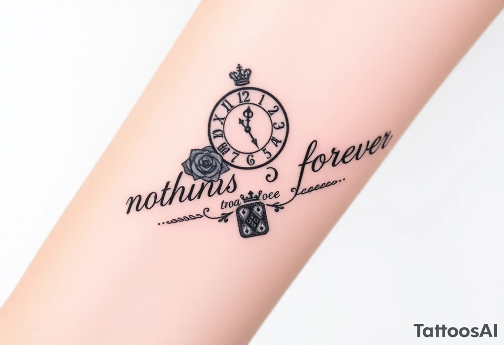 Roman clock with roses and a crown,  a quote that says nothings forever. and on the bottom a deck of cards tattoo idea