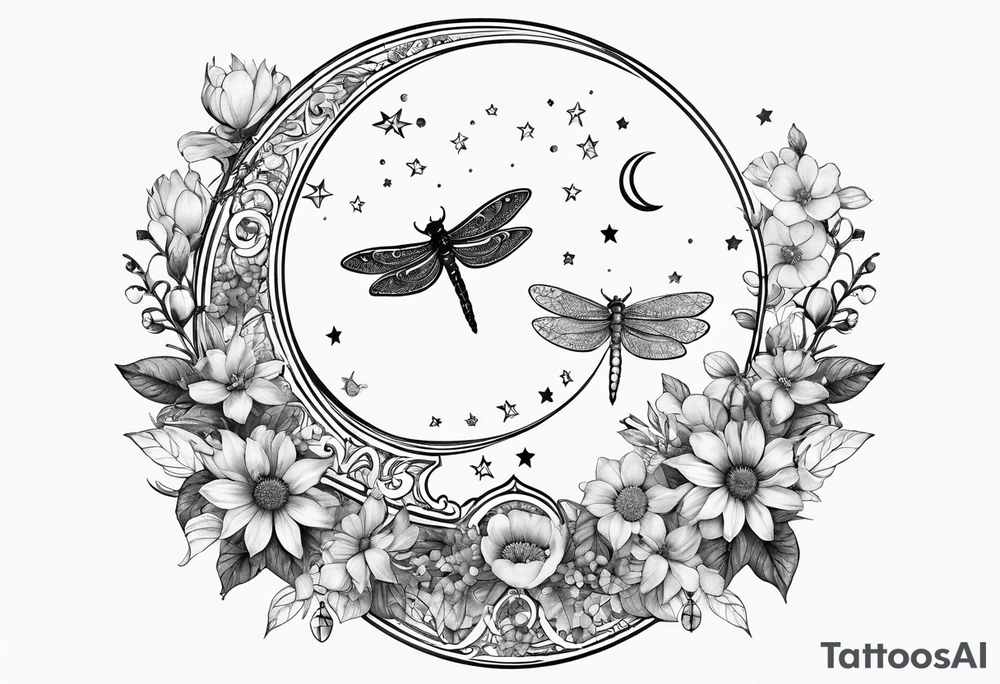 Floral moon phases with dragonfly and chain with stars going up and down tattoo idea