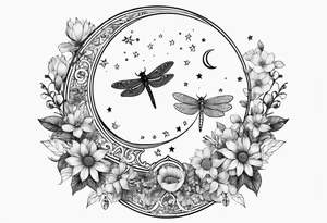 Floral moon phases with dragonfly and chain with stars going up and down tattoo idea