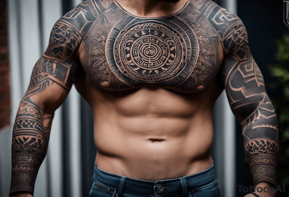 A full tattoo sleeve inspired by Greek mythology, designed with a strong, masculine aesthetic and dark shading to create bold contrasts. The sleeve features a central theme of ancient Greek symbols and deities, intricately woven together with a sense of power and order. The design incorporates an ordered mandala effect, with geometric patterns that add a sense of structure and balance, blending seamlessly with the mythological elements. Key figures like a fierce warrior, perhaps a Spartan or a gladiator, are depicted in dynamic poses, showcasing strength and bravery. Surrounding these figures, include elements like a laurel wreath, the eye of a Greek god, or a shield and spear, all rendered in dark, intense shading to highlight their significance. The mandala patterns serve as a backdrop, providing a structured, almost architectural feel that contrasts with the organic forms of the mythological characters. The overall look is dark, powerful, and deeply symbolic, capturing the essence of ancient Greek heroism and mythology in a way that resonates with a strong, masculine energy tattoo idea